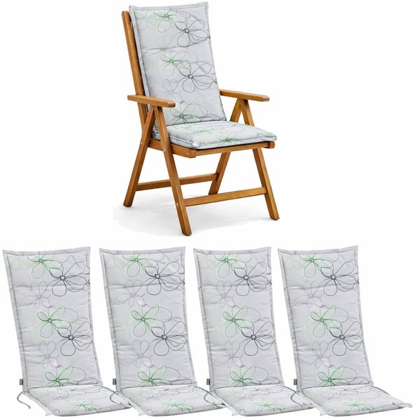 BURI 4x Auflagen Set Hochlehner für Gartenstühle 120x48x7cm Sesselauflagen Polster UV Lichtecht - Gartenstuhlauflagen Blumen Muster Stuhlkissen mit Dicker Schaumstoff Füllung (Grau)