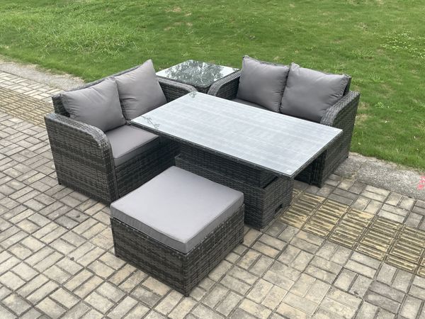 Fimous Rattan Möbel Garten Essgarnitur Höhenverstellbarer steigender Hubtisch Liebe Sofa Satz mit Beistelltisch Großer Fußhocker Dunkelgrau Gemischt