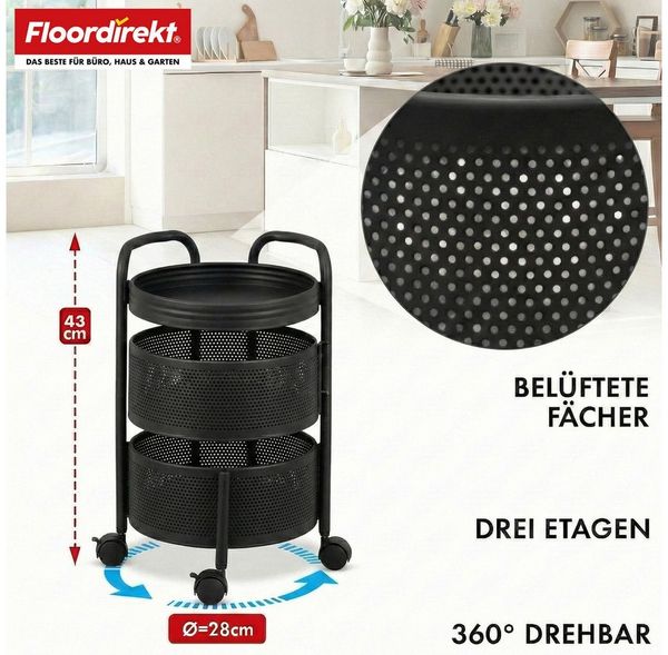 Floordirekt Rollwagen Henry rostfreier Stahl weiß & Schwarz, 3 oder 5 Etagen mit Körben, für Vorräte, Badutensilien oder Bürobedarf, Rollen mit Feststellbremse