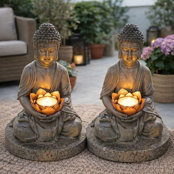 2er Set LED Solarleuchte, Buddha, Steinoptik, H 28 cm