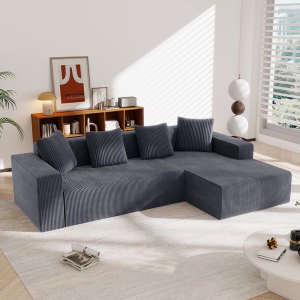 Ecksofa Cord mit Chaiselongue & modularer Form, 261 x 146 x 65 cm, Grau