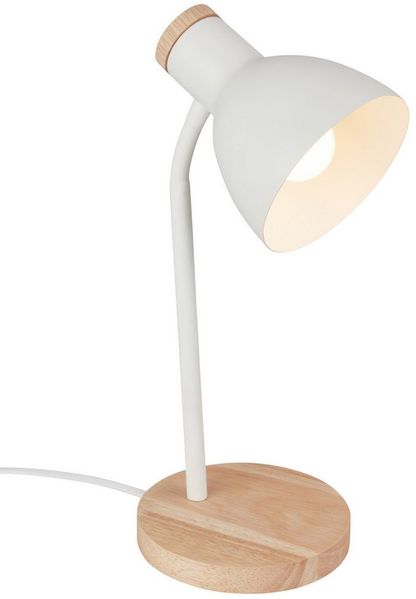 BRILONER - Nachttischlampe mit Kabelschalter, schwenkbar, E14, max. 10W, Tischlampe, Lampe, Schreibtischlampe, Tischleuchte, Bürolampe, Leselampe Bett, Leselicht, 14x38 cm, Weiß-Holz