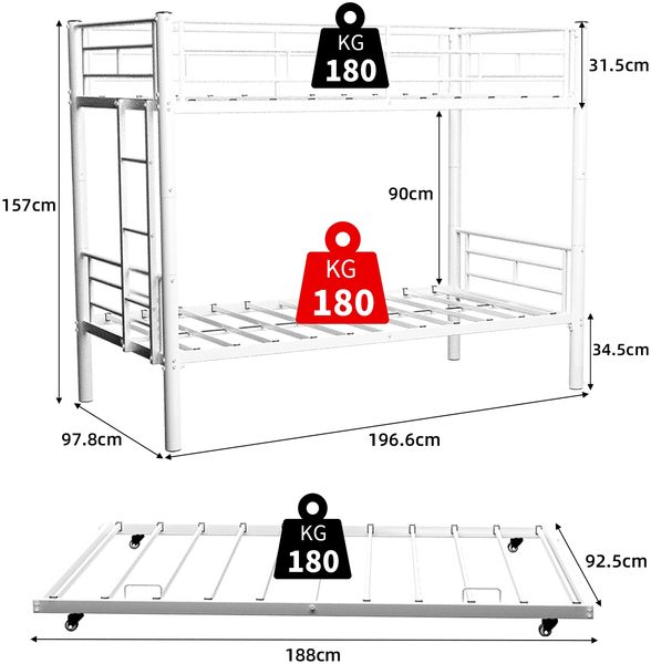 Hochbelastbares, stabiles Meta Twin over Twin Etagenbett90*190cm/l/ Geräuscharm/ Sicherheitsgeländer/kein Boxspring erforderlich. Bild 8