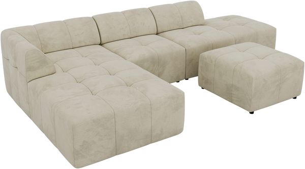 Modulares Ecksofa mit Hocker GRIDA 4M L Wohnlandschaft, Wellenfedern, gesteppte Sitzfläche, Wohnzimmer Sofa L-form - Beige Velvet - Links Bild 6