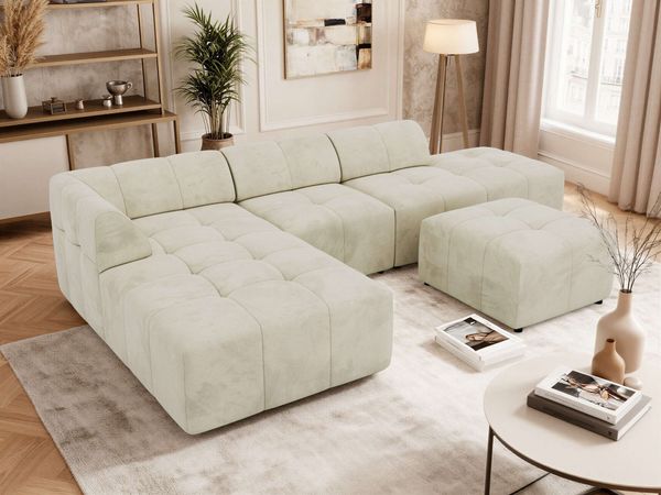 Modulares Ecksofa mit Hocker GRIDA 4M L Wohnlandschaft, Wellenfedern, gesteppte Sitzfläche, Wohnzimmer Sofa L-form - Beige Velvet - Links