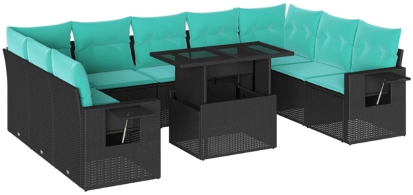 vidaXL 10-teiliges Gartensofa-Set mit Kissen, schwarzes Polyrattan 3268107