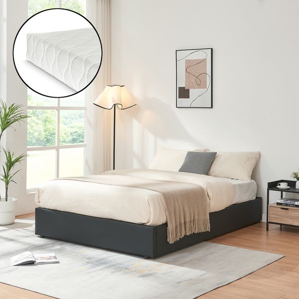 Polsterbett Nola mit Matratze 140x200 cm Kunstleder Schwarz [en. casa]