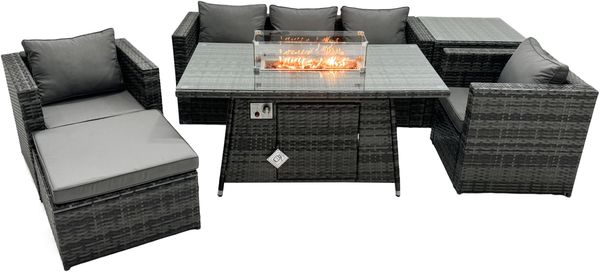 Fimous Outdoor Poly Rattan Gartenmöbel Gas Feuerstelle Esstisch Set Sessel mit Hohe Seite Couchtisch Groß Foothocker Dunkelgrau Gemischt
