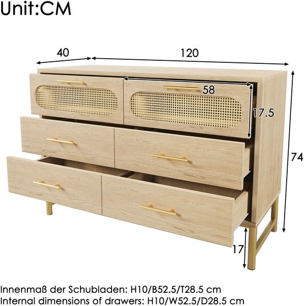 Kommode 120 x 40 x 74 cm in Sonoma Eiche mit 6 Schubladen und Rattanoptik Bild 5