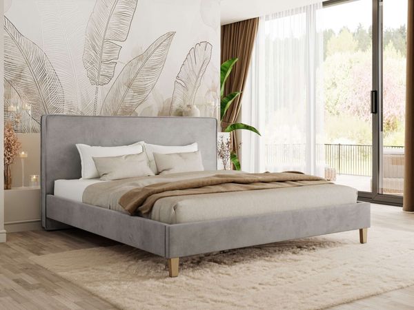 Design Polsterbett LUMARO CLASSIC 140 x 200 cm mit Lattenrost & 12cm hohen Füßen, Doppelbett mit Kopfteil, Konfigurierbar, Pocket Matratze - Hellgrau Velvet - VIRE LUX