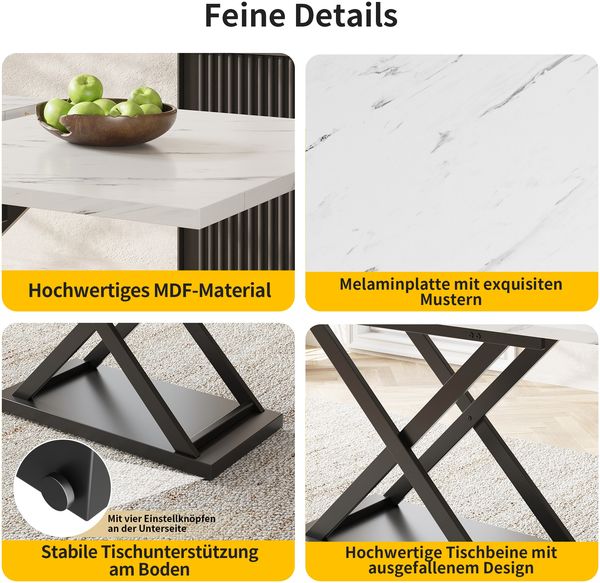 Esstisch mit MDF-Platte in Marmoroptik & Ausziehfunktion, 120-160x80x75 cm, Weiß/Schwarz Bild 2
