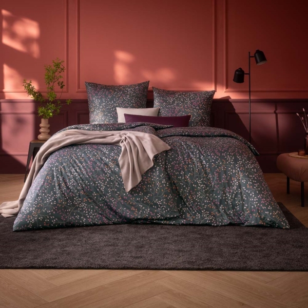 Estella Mako Jersey Bettwäsche 135x200 Aline grau Blätterrispen Zweige 6391-810