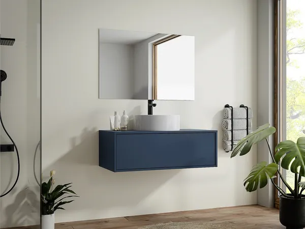 Vente-unique - TEANA Waschbeckenmöbel Holz, Platte Blau - B 47 cm x H 32 cm x L 94 cm