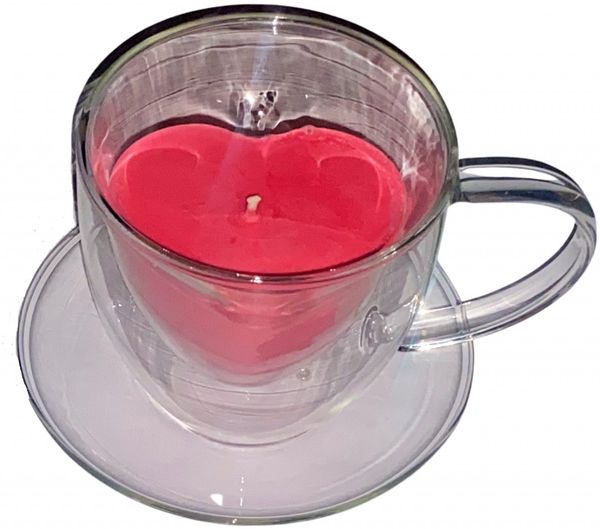 Kerze in Herz Tasse Doppelwandigem Glas mit Unterteller Rot