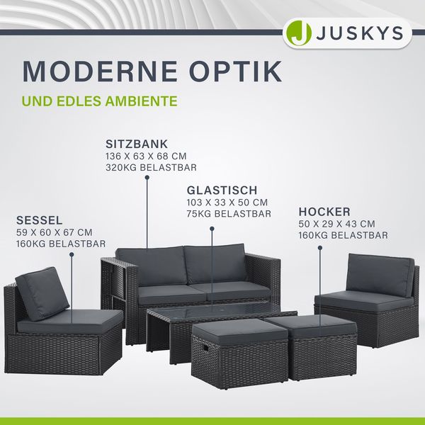 Juskys Polyrattan Gartenmöbel Set Salou - Outdoor Lounge wetterfest 6 Personen - Sitzecke mit Tisch & Kissen für Garten, Balkon, Terrasse - Schwarz