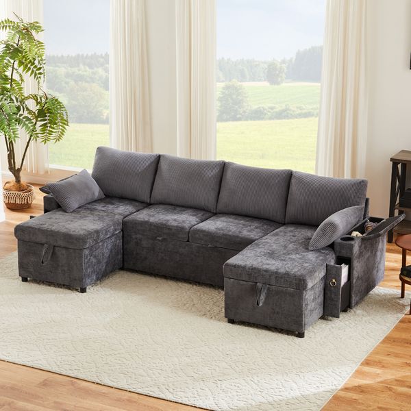 4-Sitzer Wohnlandschaft 272 x 131 x 84 cm aus Chenille & Cord mit Schlaffunktion
