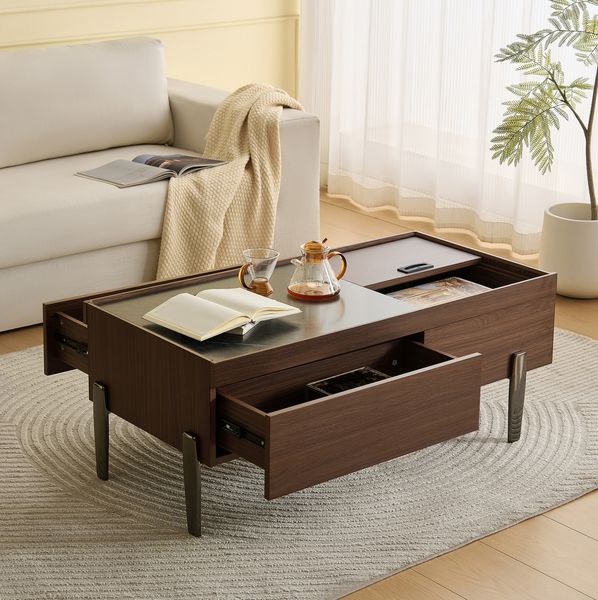 Moderner Couchtisch mit Schubladen und Glasplatte – dunkelbrown Holzdesign 105x50x41.5 cm