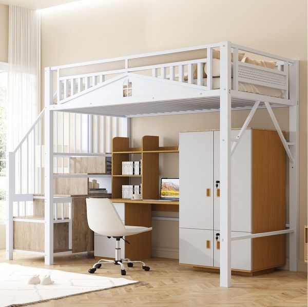 Merax Hochbett Kinderbett Jugendbett Einzelbett Eisenbett (1-St) Metallbett 90x200 cm mit Stauraum-Treppe & Fenster-Sicherheitszaun