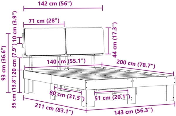 vidaXL Bettgestell mit gepolstertem Kopfteil Dunkelgrau 140 x 200 cm 877345 Bild 10