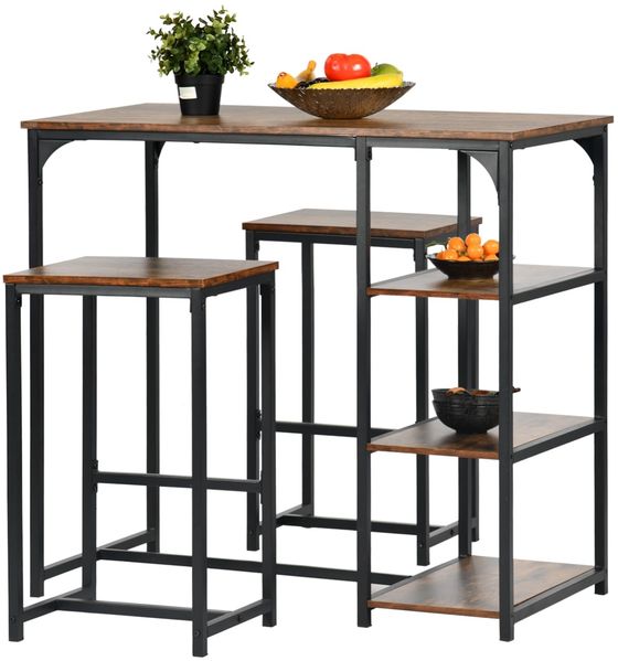 FurnitureR Bartisch mit Barhocker Set, mit Regalen und 2 Hockern, industrieller Stil, geeignet für Küche, Esszimmer, Wohnzimmer, Pub, Bartisch 100 x 50 x 90 cm, Barhocker 40 x 30 x 65 cm
