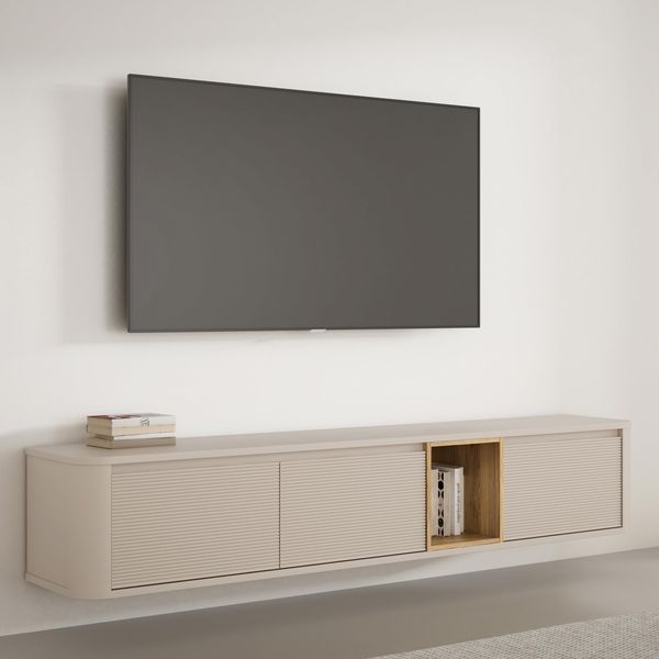 Forte BREATHTAKER TV-Schrank 220, modern minimalistisch, 3-türig, beleuchtetes Fach, Reliefstruktur, Holzwerkstoff, Beige/Mauvella Eiche Holzdekor, 215 cm breit x 41,5 cm hoch x 41,3 cm tief