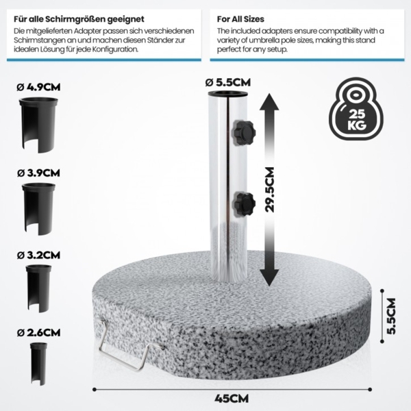 anaterra® Sonnenschirmständer - Granit, 25 kg, Rund, mit Rollen und Griff, Edelstahl - Schirmständer, Sonnenschirmsockel, Ständer für Sonnenschirm, Balkon, Terasse, Garten, Outdoor