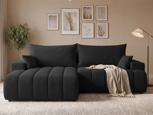 GRAINGOLD Ecksofa L-Form Caleo, Wohnzimmer Ecksofa, mit Schlaffunktion und Bettkasten, Velour-Stoff, Schwarz, Links