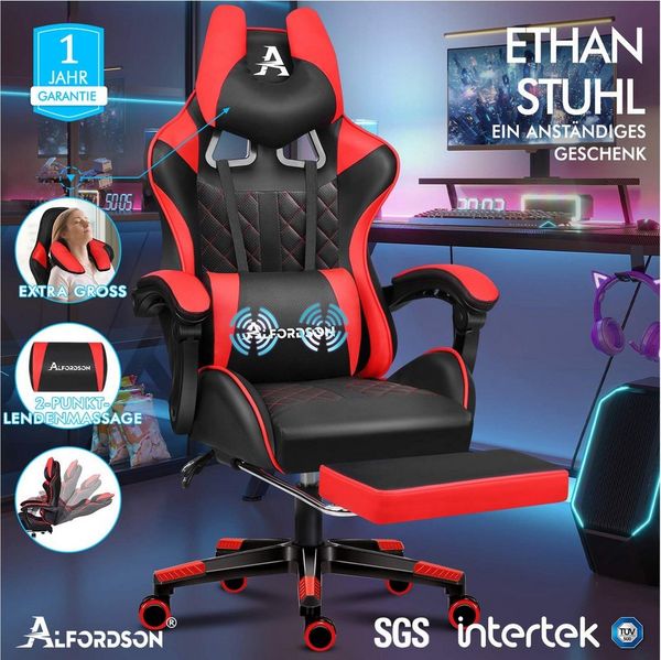 ALFORDSON Gaming-Stuhl Bürostuhl, Integrierte Fußstütze, mit Lendenwirbelkissen, 150° Neigungsverstellung, PU-Ledersitz mit hoher Rückenlehne