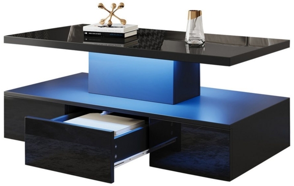 Merax Couchtisch hochglanz Sofatisch Beistelltisch mit LED-Beleuchtung (1-St, 100x50x39cm), Wohnzimmertisch mit Schublade & Stauraum inkl. Fernbedienung