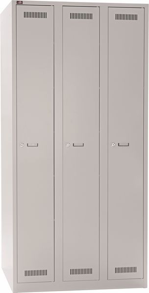 BISLEY Garderobenschrank Light abschließbar mit Belüftungslöchern, Hutboden, Handtuchhalter, Kleiderstange & 3 Haken - Spind mit Schloss in lichtgrau - 3 Abteile, Fachbreite: 300 mm, GL09T1245