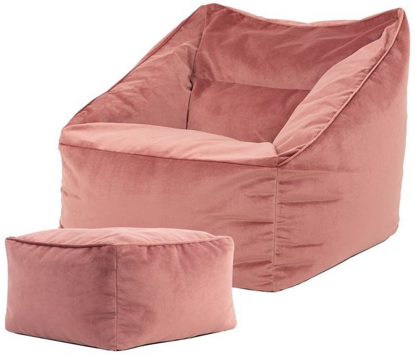Icon Natalia Sitzsack Sessel mit Hocker für Erwachsene, Rosa, Flauschiger Samtstoff, Riesen Sitzsack Samt mit Füllung, Bean Bag Chair, Bequemer Sessel Wohnzimmer, Lounge, Schlafzimmer, Büro