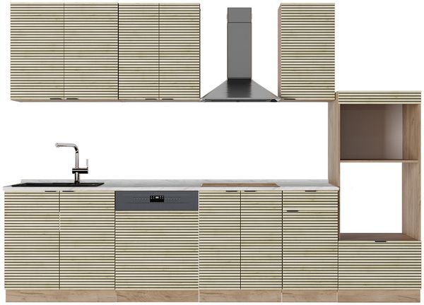 Küchenzeile Fame-Line Eiche Paneel/Goldkraft Eiche 300 cm mit Hochschrank, ohne Arbeitsplatte Vicco