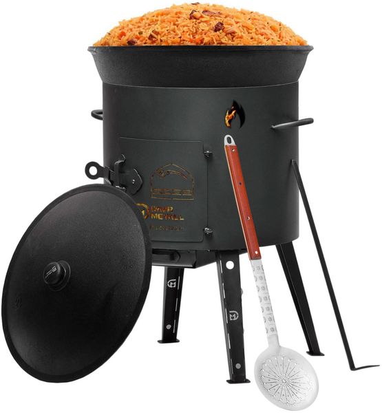 Kazan 22 L mit Utschak Feuerofen Ø44 cm Uchag 2 mm Stahl Kasan Feuerstelle Utschag Campingofen Feldküche Außenküche Eintopfofen Kessel Camping BBQ Asia Schaumkelle