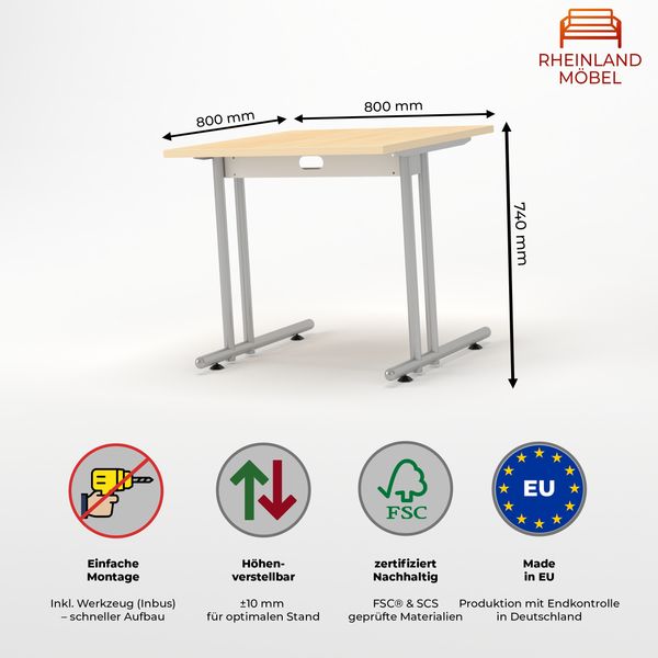 Rheinland Möbel Statio Schreibtisch 80x80 cm höhenverstellbar ±10 mm in Ahorn – kompakter Bürotisch für Homeoffice & Büro, gerader Fuß, Kabelwanne, einfache Montage, FSC® zertifiziert Bild 3