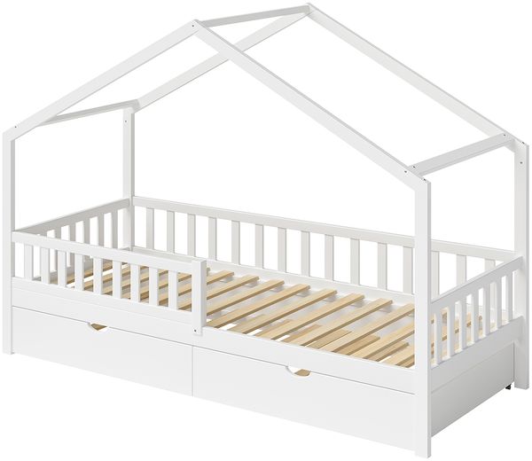 Bellabino 'Vils' Hausbett 90x200 cm mit Gästebett 90x190 cm und 2 Matratzen, weiß, Kiefer Massivholz, Montessori Kinderbett mit Ausziehbett, inkl. Rausfallschutz und Lattenrost Bild 10
