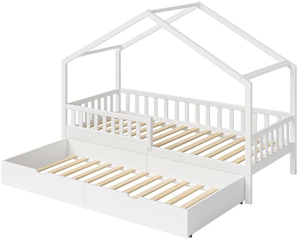 Bellabino 'Vils' Hausbett 90x200 cm mit Gästebett 90x190 cm und 2 Matratzen, weiß, Kiefer Massivholz, Montessori Kinderbett mit Ausziehbett, inkl. Rausfallschutz und Lattenrost Bild 2