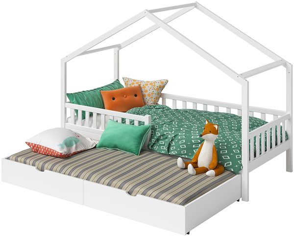 Bellabino 'Vils' Hausbett 90x200 cm mit Gästebett 90x190 cm und 2 Matratzen, weiß, Kiefer Massivholz, Montessori Kinderbett mit Ausziehbett, inkl. Rausfallschutz und Lattenrost Bild 11