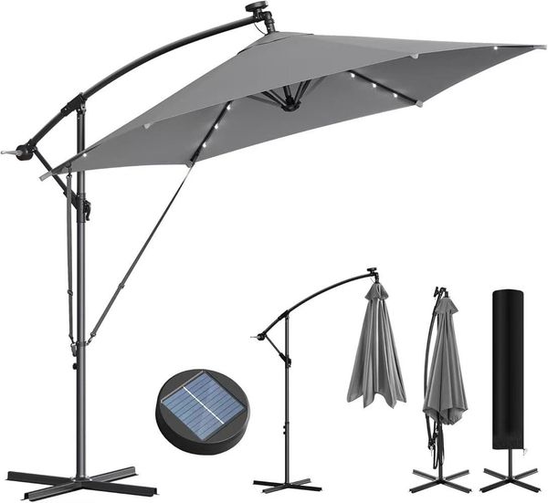 Woltu Sonnenschirm, mit Solar-LED-Beleuchtung, Sonnenschutz 360° drehbar