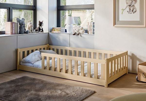 Kinderbett Bodenbett 90x200 cm Bett mit Rausfallschutz & Lattenrost Montessori Bett Bed Gitterbett Kinder Jugendbett Einzelbett optional mit Matratze | Natur Kiefer Holz massiv Junge Mädchen