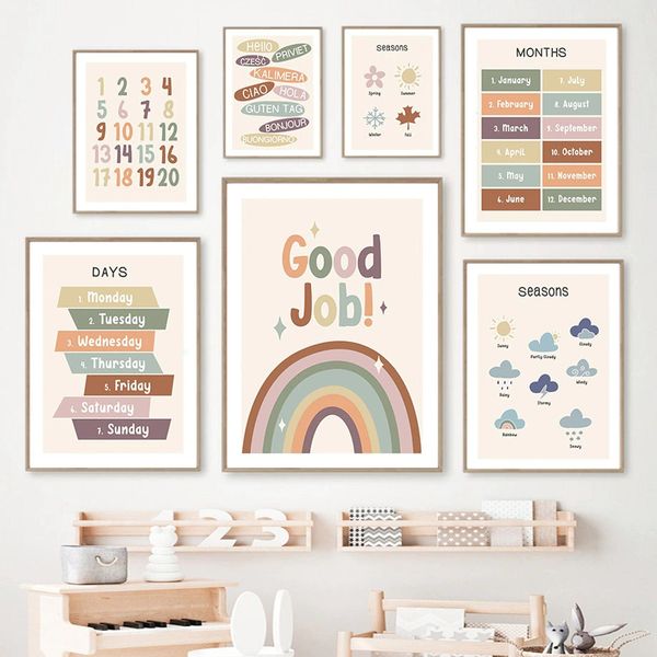 Poster Kinder Zahlen Wochentage Wetter Monate Jahreszeiten und Begrüßung als Deko Print ohne Rahmen - 70x100cm / 9