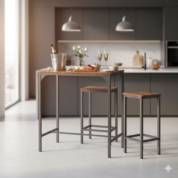FurnitureR Bartisch mit Barhocker Set, Bartisch Küche mit 2-Hockern, Industrieller Stil, Geeignet für Küche, Esszimmer, Wohnzimmer, Pub, Bartisch 80 x 50 x 90 cm, 2 Barhocker 40 x 30 x 65 cm