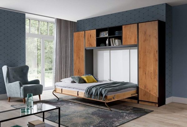 QMM TraumMöbel Schrankbett Wandbett HB 90x200 mit 2 Schränken & Aufsatz (Möbel-Set, 4-St, Schrankbett horizontal 90x200, Aufsatz zum Schrankbett, 2 Schränke) Farbauswahl
