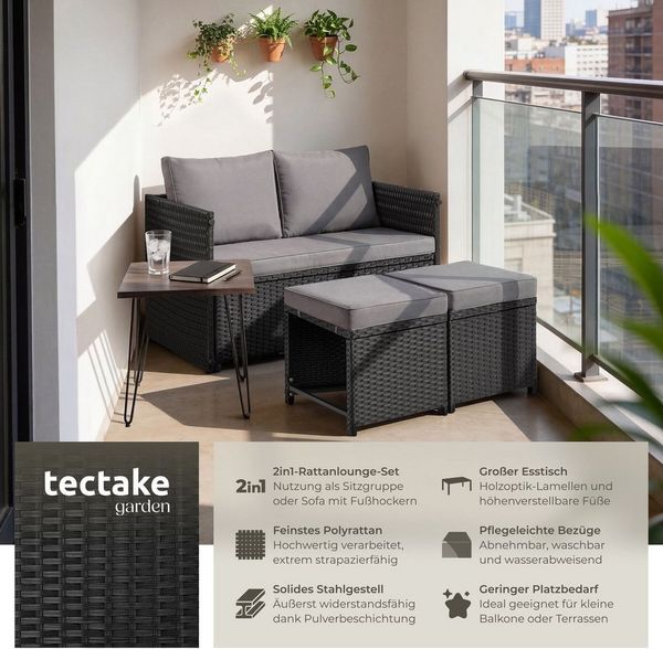 tectake Sitzgruppe Rattanlounge Monopoli - 2-in-1 Sofa & Esstisch für Balkon, (Set, 3-tlg, 9 tlg), Hochwertiges Polyrattan und stabiles, pulverbeschichtetes Stahlgestell