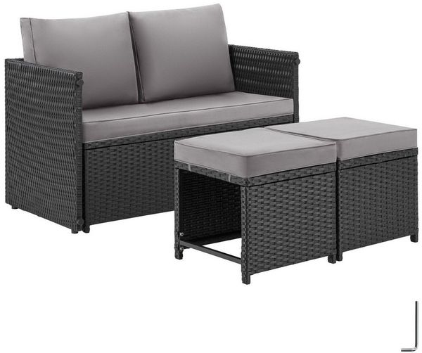 tectake Sitzgruppe 2-in-1-Rattanlounge-Set, höhenverstellbare Tischfüße, (Rattansitzmöbel Monopoli, 3-tlg, in schwarz), Tisch mit Lamellen, Belastbarkeit Bank 250 kg, Tisch 100 kg