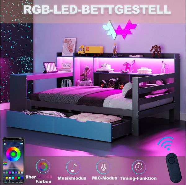 OKWISH Schlafsofa Kinderbett Funktionsbett, mit Schubladen, integriertem Schreibtisch, Regalen, Staufächern, Beleuchtung und Steckdosen 90x200 cm, ohne Matratze