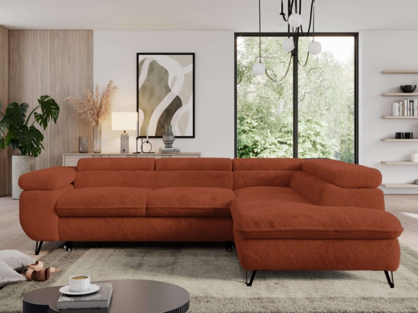 Ecksofa, L-form mit Schlaffunktion, verstellbaren Kopfstützen, Bettkasten - PEDRO - Orange Plüsch - rechts Bild 3