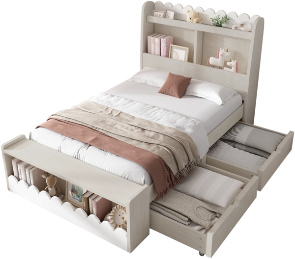 Kinderbett 90x200 cm, Massivholz + MDF, Weiß/Light Oak, versenkte Matratze und integrierter Stauraum mit zwei Schubladen,Weiß und Eichefarben Votan