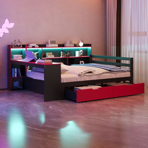Holzbett Schlafsofa 140 x 200 cm, Mit Schreibtisch, Bücherregal, Staufächern und Regalen, Mit integrierter Beleuchtung und Steckdosen, Schubladen, Multifunktionalem Holzbett, Schwarz + Rot