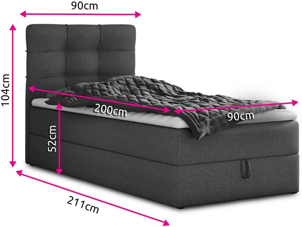 Boxspringbett Best Mini mit Bettkasten und Matratzentopper - Einzelbett mit Bonell-Matratze und Topper, Polsterbett, Bett, Schlafzimmer (Grau (Inari 91), 90 x 200 cm) Bild 4