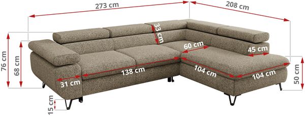 MKS Möbel 'Pablo L-Form' Ecksofa mit Schlaffunktion, verstellbare Kopfstützen, Dunkelbeige, Struktur, ohne Topper, Rechts Bild 6
